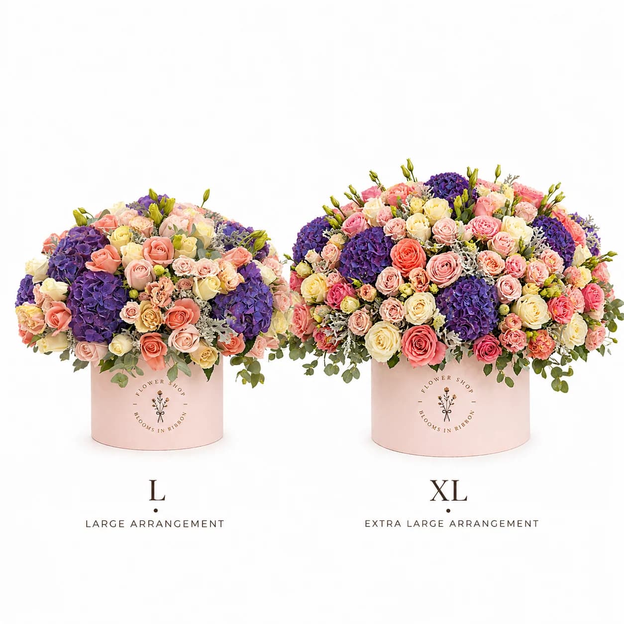 Lavender Sunset bouquet — size comparison