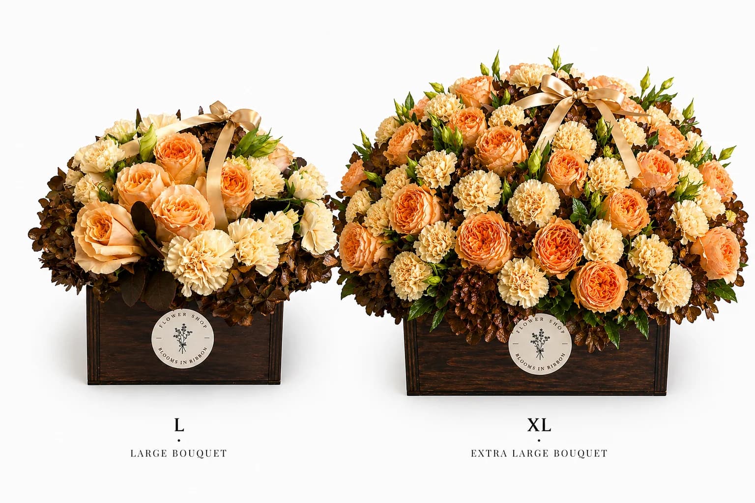 Peach Perfection bouquet — size comparison